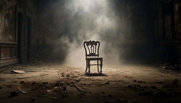stanza vuota con un'unica sedia al centro La sedia è ricoperta di polvere e ragnatele