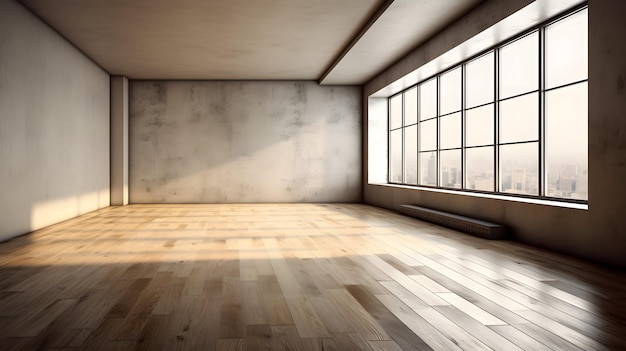 Stanza vuota con una grande finestra e pavimento in legno.