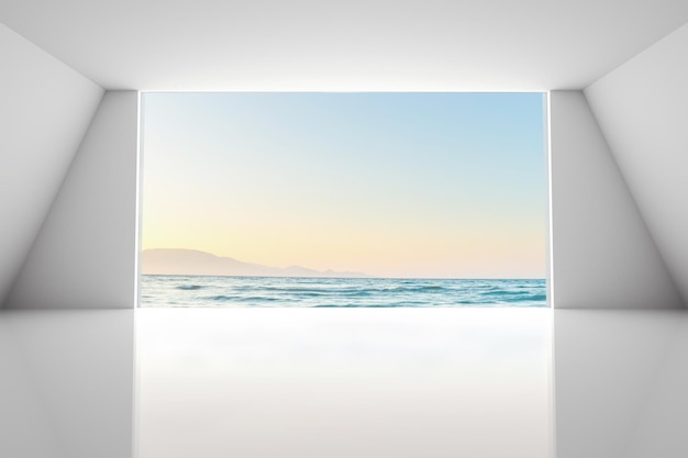 Stanza vuota con vista mare rendering 3d