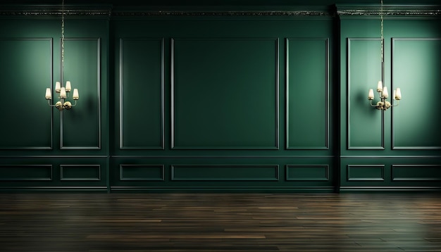 stanza vuota della parete verde scuro con pavimento in legno rendering 3d