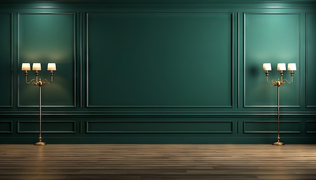 stanza vuota della parete verde scuro con pavimento in legno rendering 3d