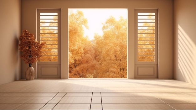 Stanza vuota di lusso a parete beige con luce solare dalla finestra pieghevole IA generativa