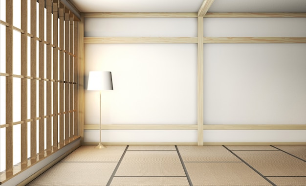 Stanza vuota di zen in stile giapponese con pavimento in tatami e pareti miste di legno. Rendering 3D