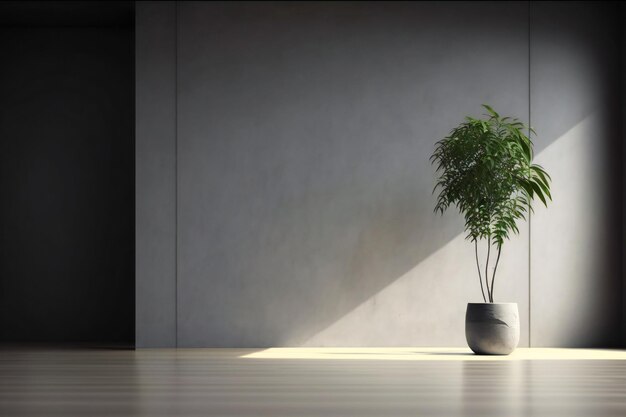 stanza vuota e buia con pianta in vaso su sfondo muro di cemento e pavimento in legno, rendering 3d in mini