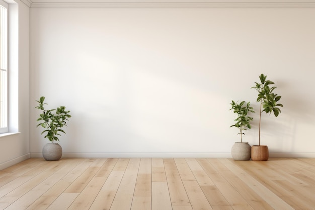 Stanza vuota e parete e pavimento in legno con interessanti riflessi dalla finestra Sfondo interno per la presentazione IA generativa