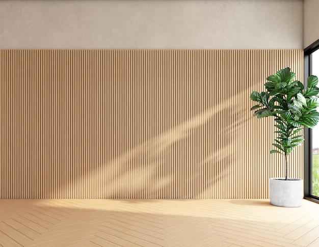 Stanza vuota in stile giapponese con pareti in legno e piante verdi per interni rendering 3d