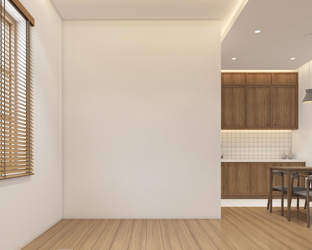 Stanza vuota in stile giapponese decorata con armadio da cucina in legno e tavolo da pranzo rendering 3d