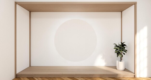 Stanza vuota in stile giapponese moderno decorata con parete a doghe bianche