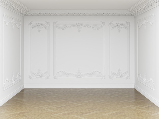 Stanza vuota interna classica. Pareti con modanature e cornicione ornato. Parquet a spina di pesce. Rendering 3d