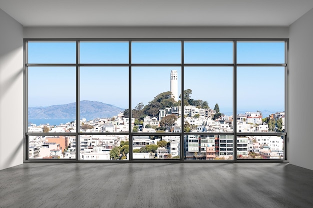 Stanza vuota interni grattacieli vista paesaggio urbano Downtown San Francisco City Skyline edifici da High Rise Window Beautiful California Real Estate giorno rendering 3d