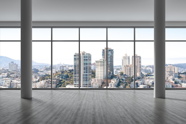 Stanza vuota interni grattacieli vista paesaggio urbano Downtown San Francisco City Skyline edifici da High Rise Window Beautiful California Real Estate giorno rendering 3d