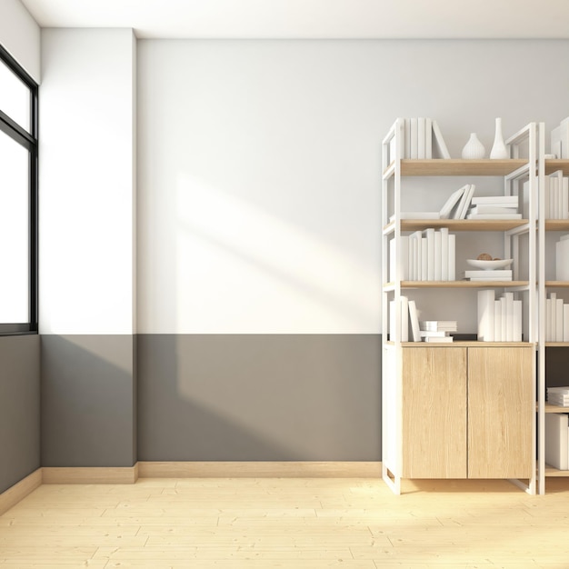 Stanza vuota minimalista con mensola e armadietti, parete bianca e grigia, pavimento in legno. rendering 3d