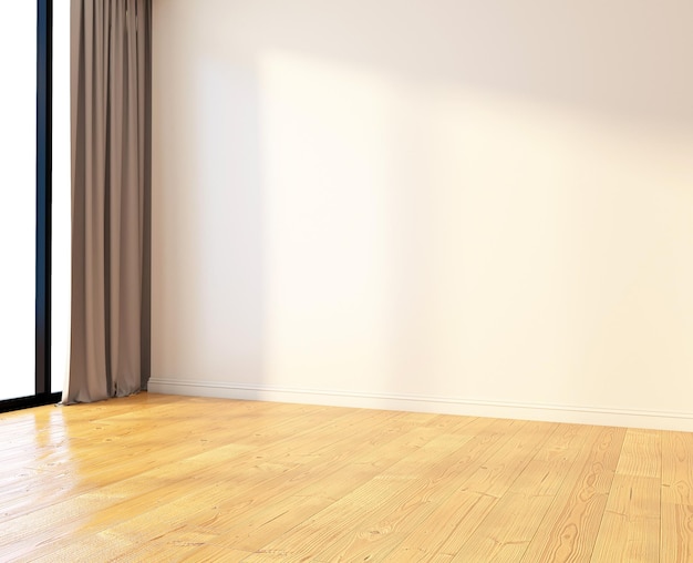 Stanza vuota minimalista con parete bianca e pavimento in legno. rendering 3D
