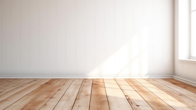 stanza vuota minimalista con parete bianca e pavimento in legno