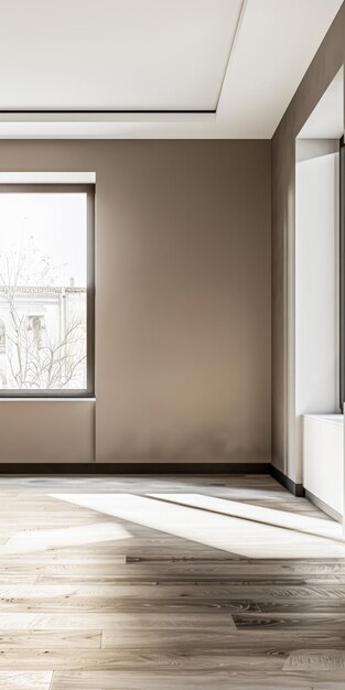 Stanza vuota minimalista contemporanea con illuminazione naturale proveniente da una finestra Composizione di design d'interno con copyspace in colore naturale