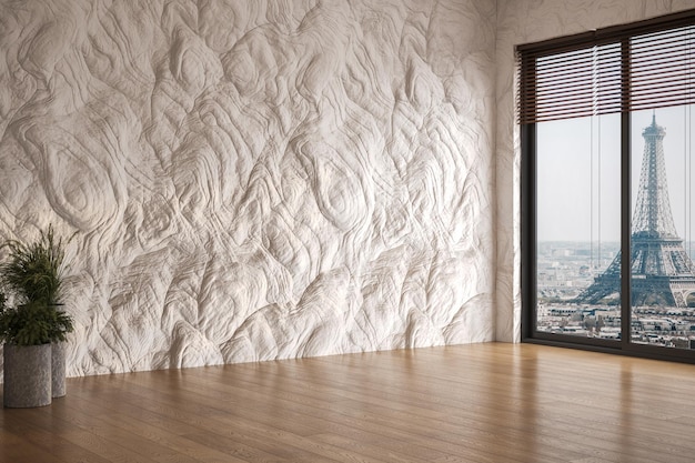 Stanza vuota moderna con pavimento in legno e grande parete in pietra bianca