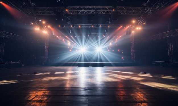 Stanza vuota per l'esposizione del prodotto con illuminazione con riflettori sul palco del concerto