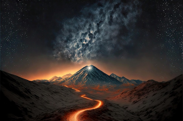 Starfall notte in montagna con sentiero lattiginoso scintillante contro il cielo alleggerito