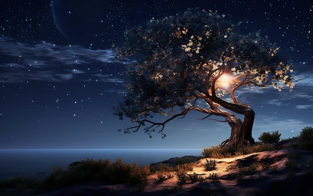 Starry Arboreal Tranquility 3D Rendering del paesaggio degli alberi di notte