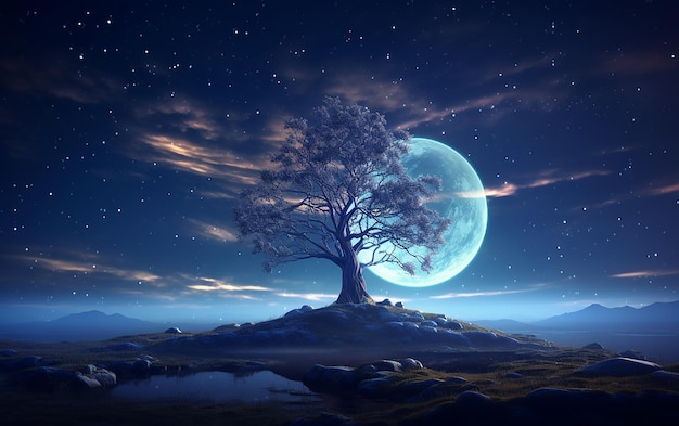 Starry Arboreal Tranquility 3D Rendering del paesaggio degli alberi di notte