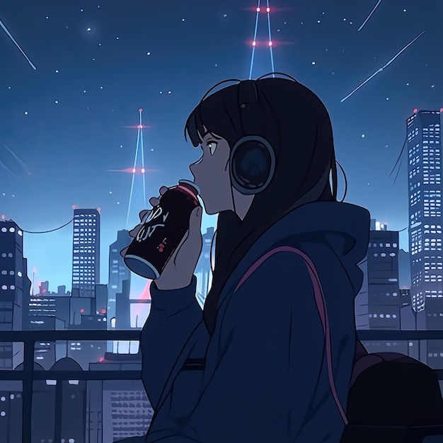 Starry Serenity 2D Anime Girl con le cuffie che guarda il cielo notturno sorseggia Lofi Vibes e soft drink