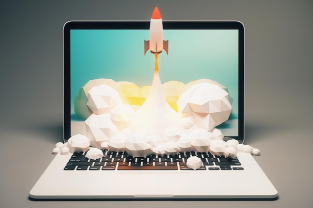 startup concept with rocket flying out of laptop screen on grey background 3d rendering