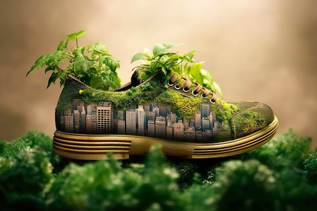 È stata scattata una foto scarpa con verde e concetto di impronta di carbonio della città AI Generative