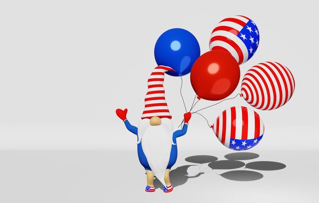 Stati Uniti Independence Day gnome palloncini rendering 3D Biglietto d'auguri per la bandiera nazionale degli Stati Uniti del 4 luglio Banner del Labor Day