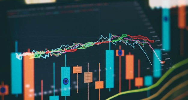 Statistiche aziendali e valore di analisi Sfondo luminoso astratto dell'interfaccia del grafico forex Concetto di analisi e finanza delle azioni commerciali di investimento