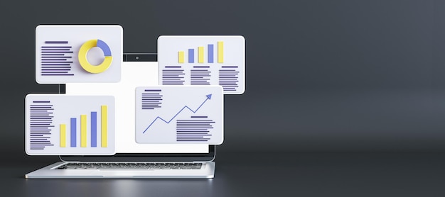 Statistiche del progetto dati finanziari grafici di vendita report preparazione e sincronizzazione dei dati su finestre digitali e laptop su sfondo scuro con posto per poster pubblicitario mockup di rendering 3D