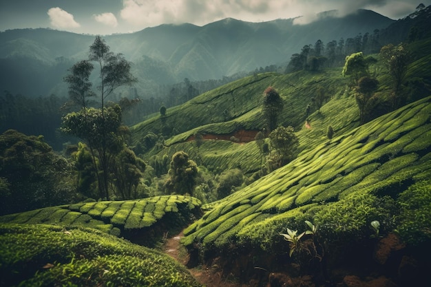 Stato indiano del Keralas Munnar piantagione di tè paesaggio lens tilt shift
