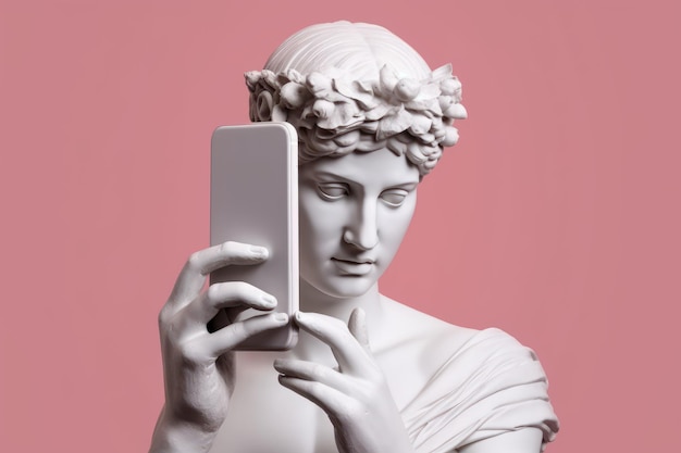 Statua antica con smartphone Bella immagine dell'illustrazione IA generativa