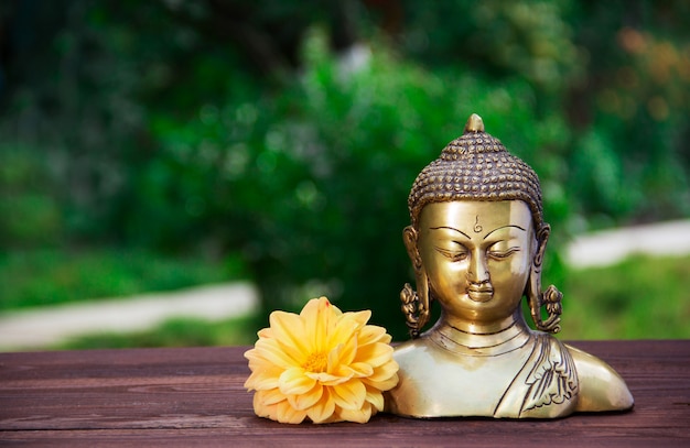 Statua antica dorata del Buddha su una priorità bassa verde vaga.
