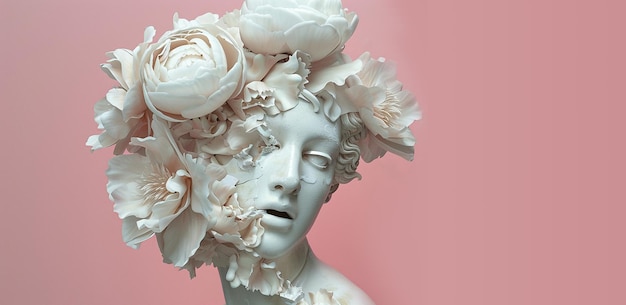 Statua antica rotta con fiori di peonie