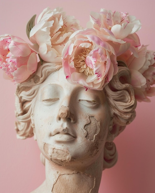 Statua antica rotta con fiori di peonie