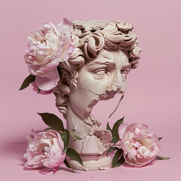 Statua antica rotta con fiori di peonie