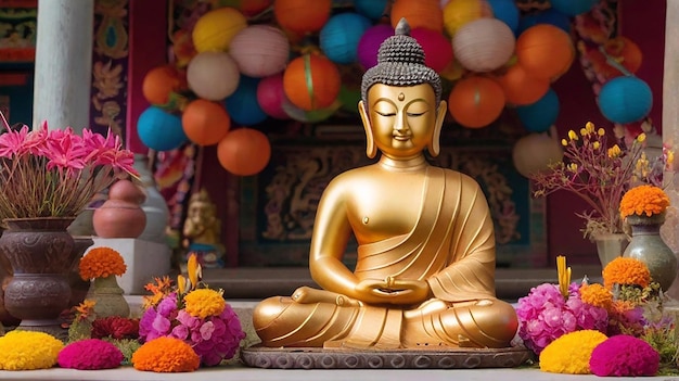 Statua buddista in meditazione circondata da decorazioni colorate e fiori generati dall'AI