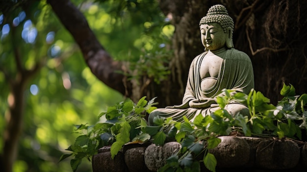 Statua del Buddha sotto l'albero permettendo ai rami e alle foglie dell'albero di incorniciare la statua