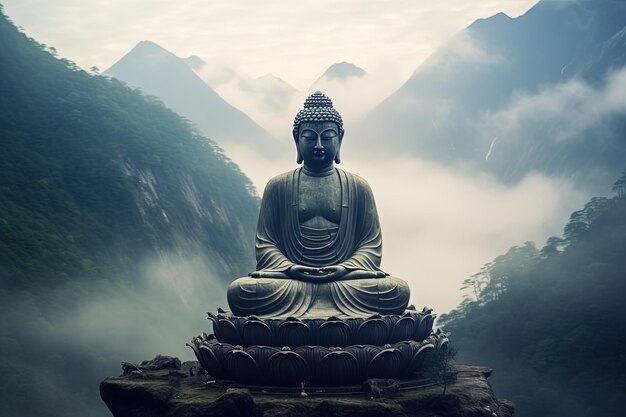 Statua del Buddha sulla cima della montagna nella nebbiosa mattina