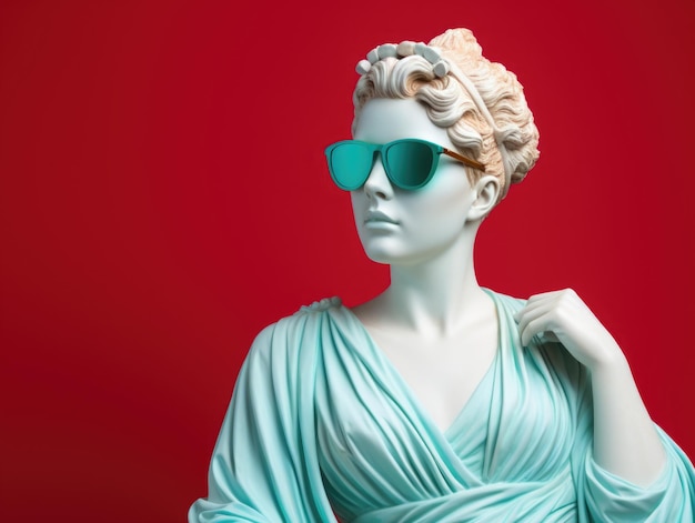 Statua del busto bianco della donna greca antica di bellezza che indossa occhiali da sole che tengono uno smartphone