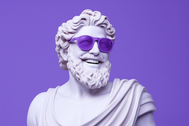 statua del dio greco che sorride indossando occhiali da sole fantastici