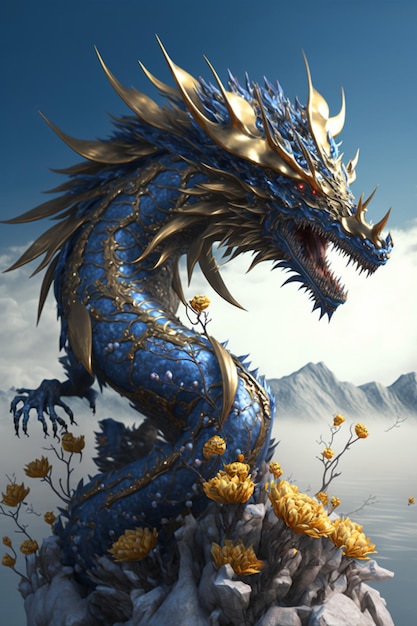 Statua del drago blu che si siede sopra una roccia ai generativa