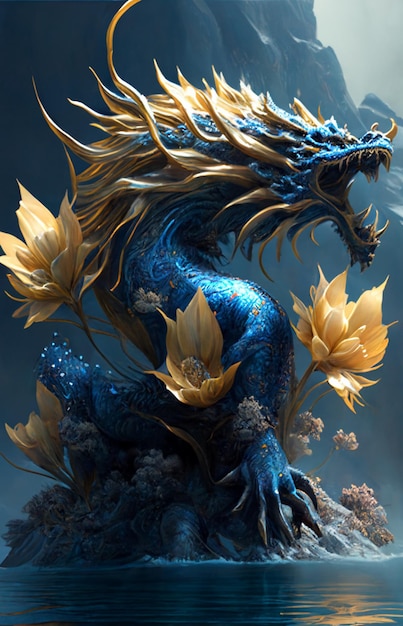 Statua del drago seduta sopra uno specchio d'acqua generativo ai
