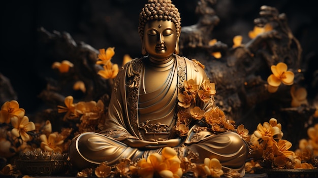 Statua del Signore Buddha su sfondo scuro