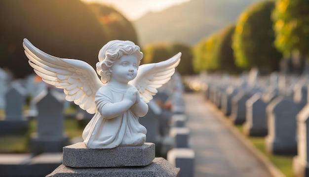 Statua dell'angelo cherubino nel cimitero Angelo custode pregante