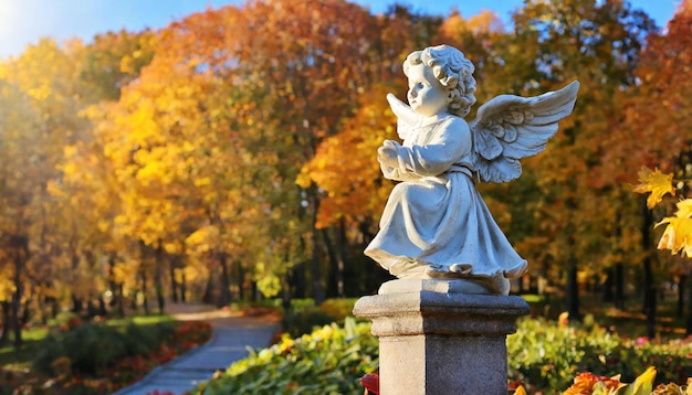 Statua dell'angelo cherubino nel parco autunnale Angelo custode pregante