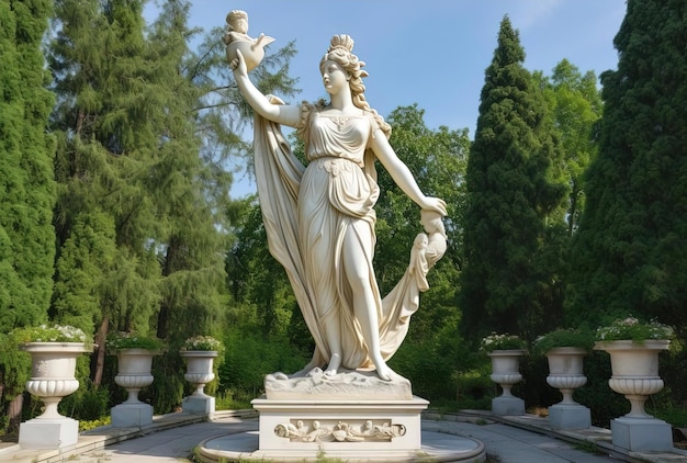 Statua della dea romana Victoria o Nike greca nel palazzo e nel parco