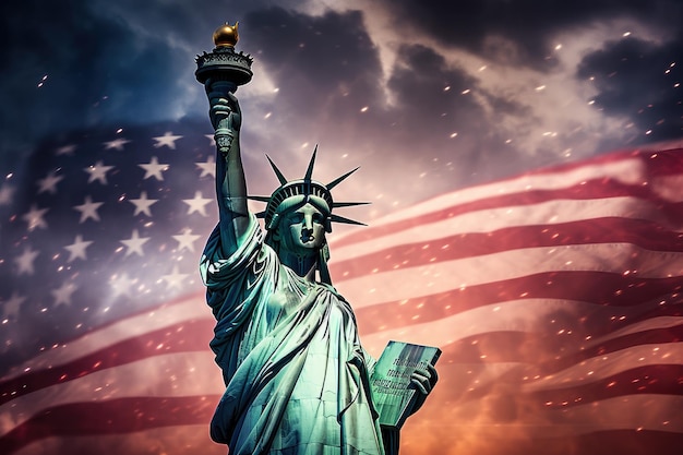 Statua della Libertà con la bandiera degli Stati Uniti sullo sfondo illustrazione 3D Statua della Libertà con la bandiera degli Stati Uniti e fuochi d'artificio che celebrano il Giorno dell'Indipendenza americana Generato dall'IA