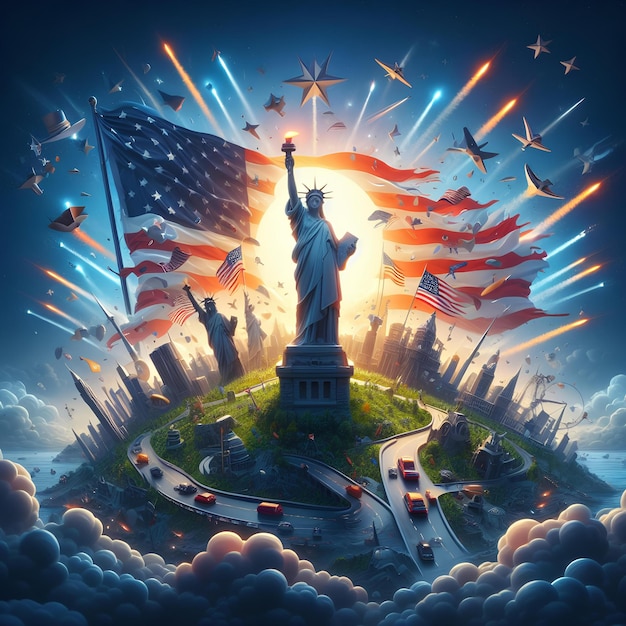 Statua della Libertà con punti di riferimento decorativi americani famosi fuochi d'artificio e stelle bandiera degli Stati Uniti globo panino