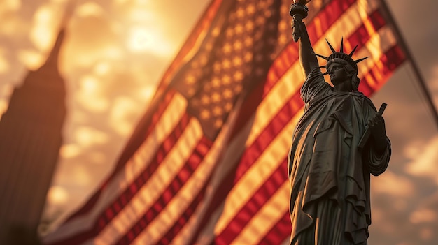 Statua della Libertà davanti alla bandiera degli Stati Uniti a Manhattan